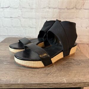 Eileen Fisher Black and Tan Espadrille Wedges with Ankle Wrap